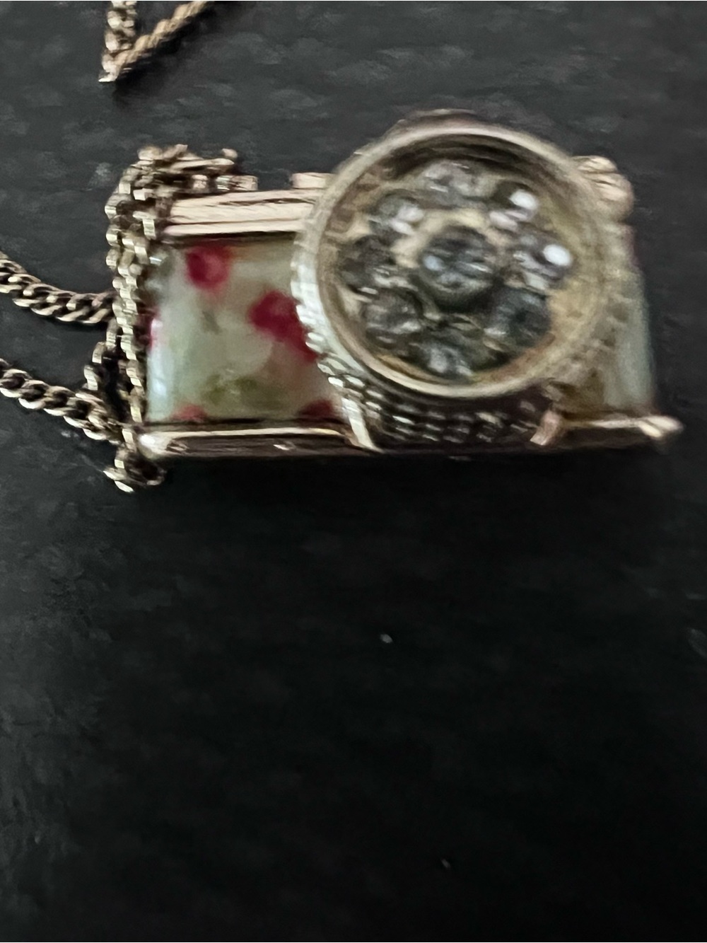 Camera Pendant Necklace with Rhinestones and Red Floral Accent - Picture 3 of 9